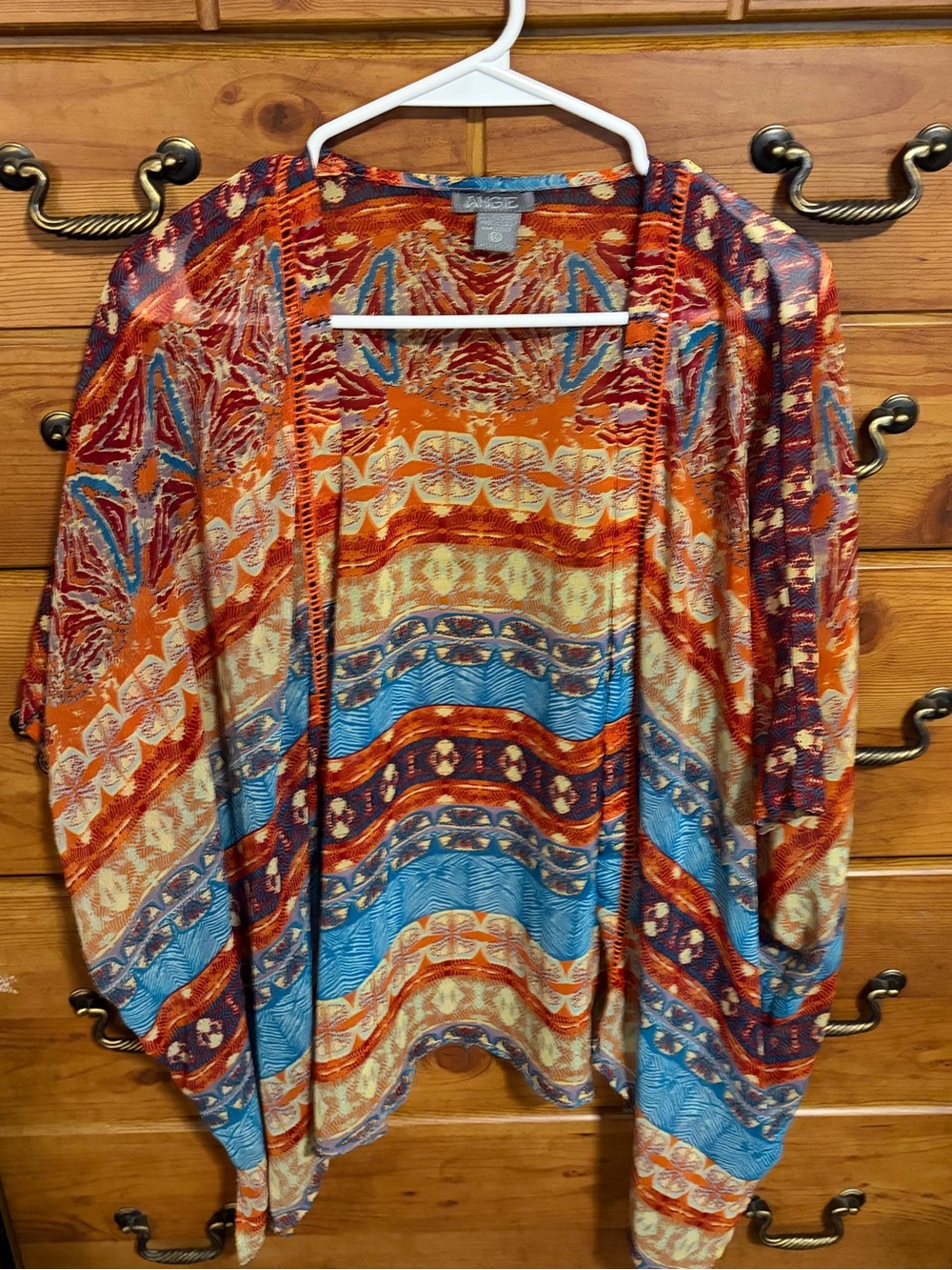 Angie Multi-Color Open-Front Kimono Cardigan - Orange, Blue, Cream
